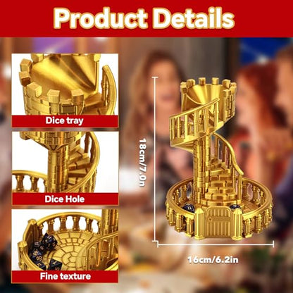 7 Inches Tall Spiral Staircase Dice Rolling Tower Castle Theme Dice Roller for Tabletop RPG DND Pathfinder Board Games Unique Dice Rolling Accessory Decoration (Gold)