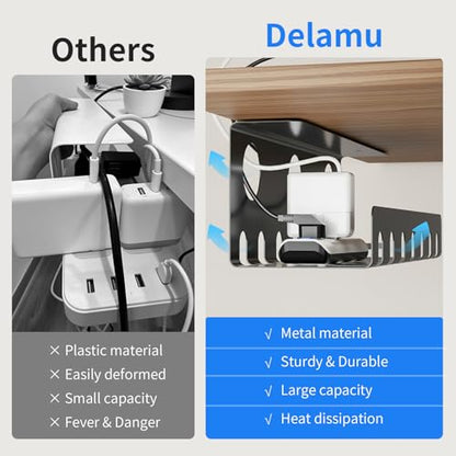 Delamu 2 Pack Metal Under Desk Cable Management Tray, U Channel Cord Organizer Box, Office Under Desk Cord Organizers, Cable Management with Various Accessories, Black, 15.75 Inches