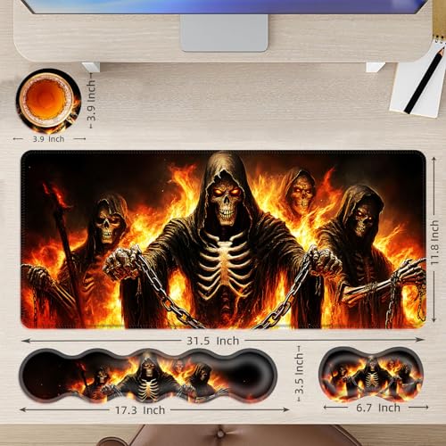 Large Mouse Pad and Keyboard Wrist Rest, Desk Pad for Keyboard and Mouse, 4-in-1 Large Gaming Mouse Pad with Wrist Support, Desk Mat for Home Office Study Game,Flaming Skull - color: Flaming Skull
