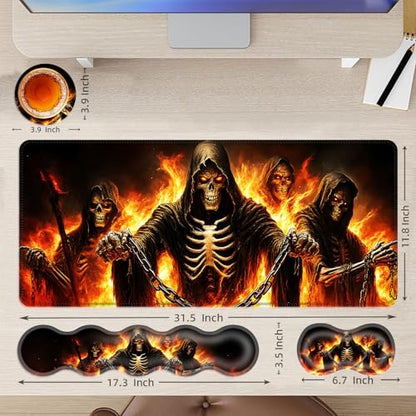 Large Mouse Pad and Keyboard Wrist Rest, Desk Pad for Keyboard and Mouse, 4-in-1 Large Gaming Mouse Pad with Wrist Support, Desk Mat for Home Office Study Game,Flaming Skull - color: Flaming Skull