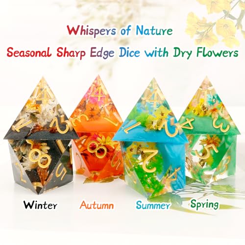 Haxtec Flower DND Dice Set Sharp Edge Resin Polyhedral Dice, Floral D&D Dice with Metal Case, Handmade Flower Inside Dice Set for Dungeons and Dragons TTRPG, Winter Black DND Gift - color: Black