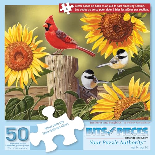 Bits and Pieces – 50 Piece Jigsaw Puzzle for Adults – Sunflower & Songbirds - Cardinals Jigsaw Puzzle by William Vanderdasson, Completed Puzzle Size: 15" x 19" - size: 50 Piece Puzzle