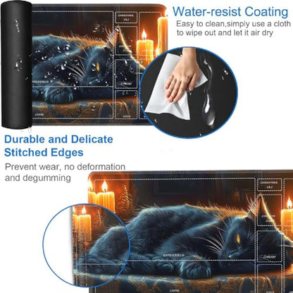 for MTG/TCG Playmat with Zones, 24 x 14 inches Trading Card Playmat with A Storage Bag and 6 Dice, Non-Lip Rubber Bottom Game Desk Mat, Sleeping Cat in The Candlelight Room - color: Yux-playmats-2-3A-249