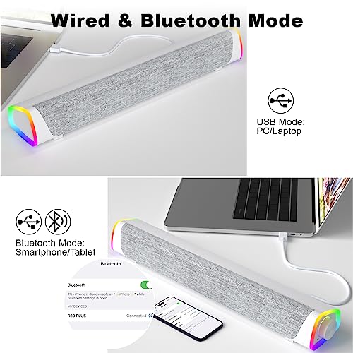 SOULION R30 Plus Bluetooth Computer Speakers, Wired USB Powered Plug & Play | All-in-One Rotary Control, Slanted Design, 6 Modes LED Light PC Speaker for Desktop Monitor Laptop White - color: White, style: USB & Bluetooth