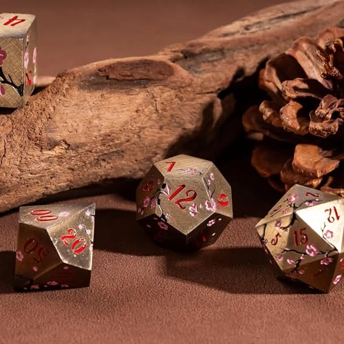 UDIXI Metal DND Dice Set Bronze, 7PCS Metal Polyhedral Dice Set for D&D RPG | Pink Flower, Metal Case Packaging, Heavy Metal Dice, D&D Gift, for Dungeons and Dragons Role Playing Games Tabletop Games - color: Flower/Bronzered