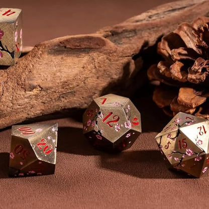 UDIXI Metal DND Dice Set Bronze, 7PCS Metal Polyhedral Dice Set for D&D RPG | Pink Flower, Metal Case Packaging, Heavy Metal Dice, D&D Gift, for Dungeons and Dragons Role Playing Games Tabletop Games - color: Flower/Bronzered