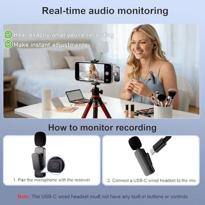 2-Pack Wireless Mini Lavalier Lapel Microphone for iPhone,Android Phone(2 in 1) w/ Case - 65ft Cordless Clip on Dual Mics with Noise Reduction 6H Working Time for Video Recording Vlogging, YouTube