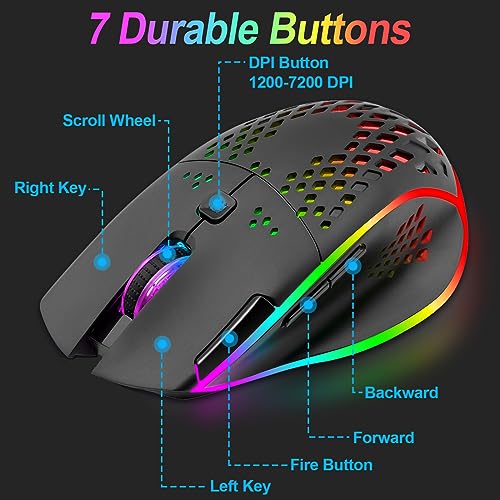VEGCOO Wireless Gaming Mouse, C30 Silent Click Wireless Rechargeable Gaming Mouse with Double-Click Key and Colorful LED Lights, 3 Level Adjustable DPI, 400mah Lithium Battery for Gaming and Working - color: Black