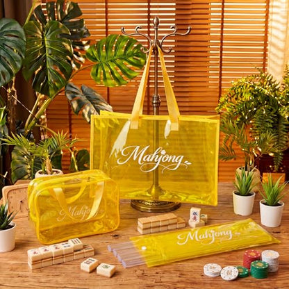 3 Pcs Clear Mahjong Bag Set, Waterproof PVC Tote Bags with Zipper Closure Large Medium Carry Bag with Storage Pouch Transparent Organizer for Mahjong Tiles, Travel,Game(Yellow) - color: Yellow
