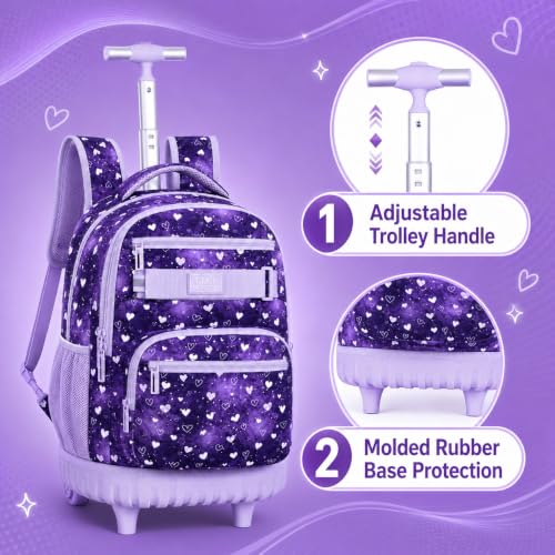 3Pcs Rolling Backpack for Girls Teens, 19" Wheeled Backpack with Lunch Box, Polka Dots Travel Roller Backpack for Women College Students (Purple) - color: Starry Sky Heart Purple