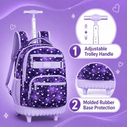 3Pcs Rolling Backpack for Girls Teens, 19" Wheeled Backpack with Lunch Box, Polka Dots Travel Roller Backpack for Women College Students (Purple) - color: Starry Sky Heart Purple