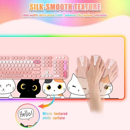 RGB Mouse Pad I Large Mousepad with 14 Led Modes I Keyboard Pad Gaming Desk Mat I Non-Slip Rubber Base Mouse Mat I 900x400x4mm Waterproof Mousepad for PC MacBook Women Girl I Cute Pink Kawaii Cats - color: Cute Pink Kawaii Cats