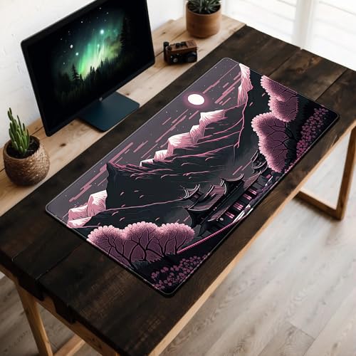 Sakura Blossom Desk Mat Japanese Scenery Mountain Large Mouse Pad XXL Extended Gaming Mousepad Japan Black Pink Aesthetic Desk Pad Keyboard Mouse Mat 31.5''X15.7'' Desk Decor - color: Sakura Blossom
