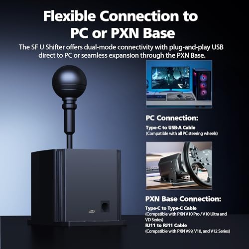 PXN SF U H-Pattern Shifter, 7+R CNC Metal Gear Shifter | Dual Hall Sensors, Spring-Ball Mechanism, USB & PXN Base Compatible for PC Sim Racing