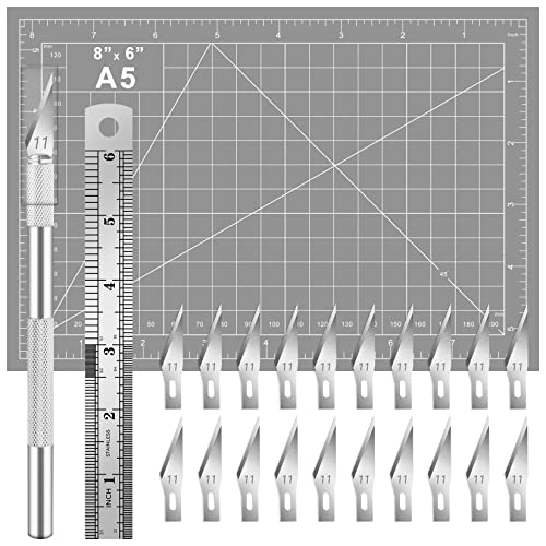 DIYSELF 23 Pack Scrapbooking Tools, Exacto Knife Craft Knife Precision Carving Hobby Knife Kit, 20 Spare Art Knife Blades for Art, Scrapbooking, Stencil, 8" x 6" Cutting Mat - color: Light Grey