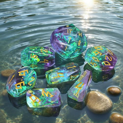 FONVGOGO Resin Dice Set, Dungeons and Dragons DND Dice with Box Polyhedral D and D Dice Set 7-Piece Role Playing Game RPG（Green and Gold） - color: S Green and Gold