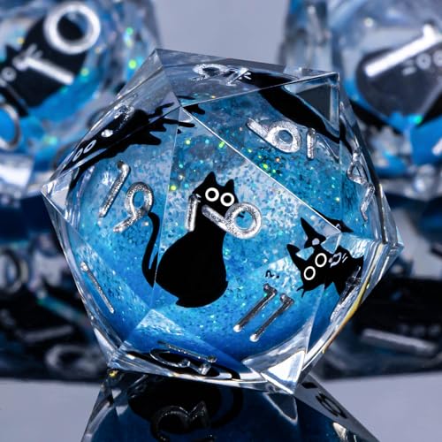 Roycevon Resin DND Dice Set with Gift Box, 7Pcs Liquid Core Cat D&D Dice, Cute Dungeons Dragons D and D Dice, Sharp Edge Role Playing Game Dice D20 D12 D10 D8 D6 D4, Blue - color: Blue