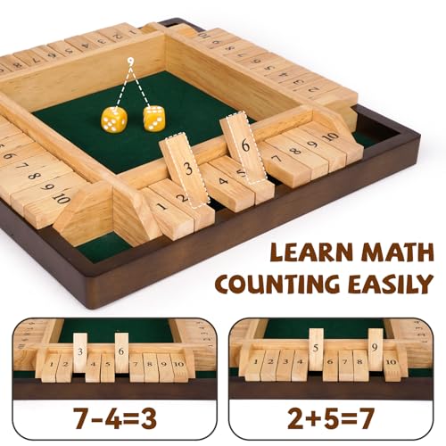Kvintes 12 Inch Shut The Box Dice Game – Wooden Tabletop Board Game with Felt Mat, 10 Number Tiles & 8 Dice, Classic Bar Game, Family Game Night, Travel Game for Adults
