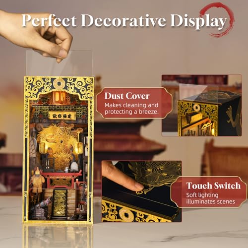 MiniCity Emperor's Study Book Nook Kit, 3D Wooden Bookshelf Puzzle with LED | 7.1 x 4.3 x 9.1 in; 443 pieces, LED and dust cover; glue/tools and guide included; 8-10 hr DIY build for display, ages 14+. - style: The Emperor's Study