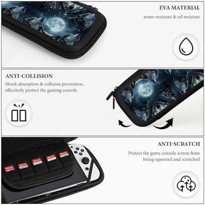 PPIKTC Portable Protective Carrying Case Compatible with Nintendo Switch, Full Moon Wolf Hard Shell Shockproof Storage Bag with 15 Games Accessories - color: Design (329)