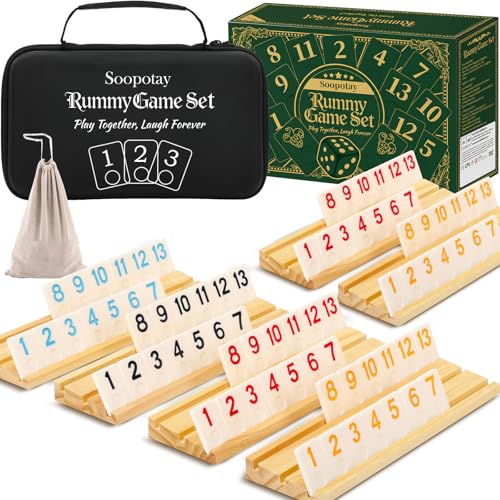 2-6 Players Rummy Game Gifts for Men Women Father Mother, Rummy Game W/ 6 Wooden Racks, 160 Melamine Tiles, Drawstring Bag, Portable Case, Family Board Games for Adults & Kids Age 8+