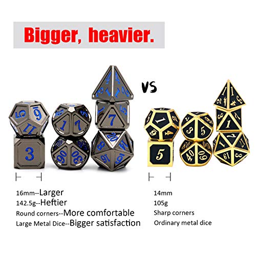 Haxtec Metal DND Dice Set, 7 Pcs Black Polyhedral Dice for Table Games | Blue Numbers D&D with Metal Case, Compatible with Dungeons and Dragons, Heavy Metallic 7 die, RPG Gifts for Board Games - color: Black Blue