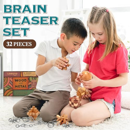 Brain Teaser Wooden Metal Puzzles - Easter Gifts for Kids Teens Brain Teaser Disentanglement Iron Link Unlock Interlock Game Chinese Ring Magic Trick Toy for Party Favors Kids Adults Challenge 32pack