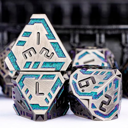 Metal DND Sci-fi Dice Set 7PCS Stripe Polyhedral Dice for Dungeons Dragons RPG Role Playing Game, Glitter D and D Dice with Gift Box D6 D8 D10 D12 D20 (Grey&Purple Green) - color: Silver Gray - Purple Green