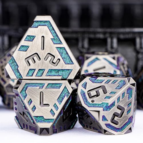 Metal DND Sci-fi Dice Set 7PCS Stripe Polyhedral Dice for Dungeons Dragons RPG Role Playing Game, Glitter D and D Dice with Gift Box D6 D8 D10 D12 D20 (Grey&Purple Green) - color: Silver Gray - Purple Green