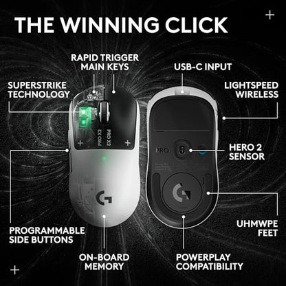 Logitech G PRO X2 SUPERSTRIKE Wireless Gaming Mouse - Black/White | Customizable Rapid Trigger Magnetic Analog Switches, Adjustable Click Haptics, 61g Lightweight, USB-C, <8K, For PC/Mac
