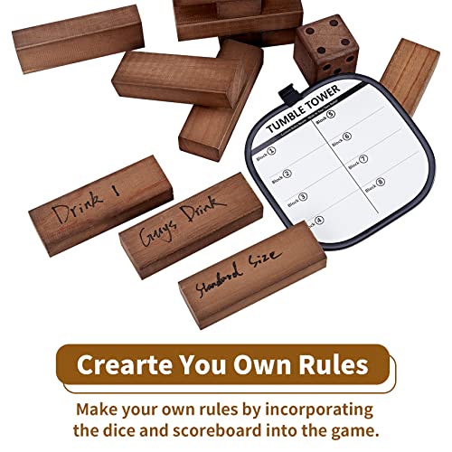 ApudArmis Giant Tumble Tower (Stack from 2Ft to Over 4.2Ft), 54 PCS Pine Wooden Stacking Timber Game with 1 Dice Set - Classic Block Giant Outdoor Game for Teens Adults Family(Brown) | Non-toxic New Zealand Pine Blocks, Crack-resistant, With dice and bag.