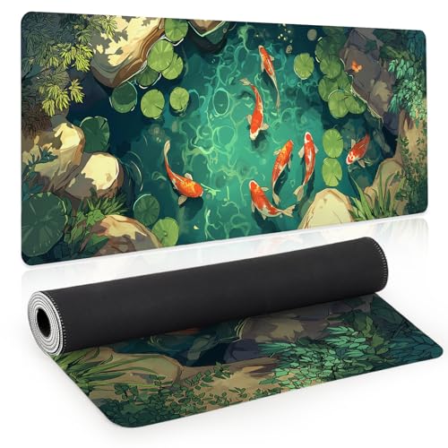 Large Gaming Mouse Pad, Desk Mat, XL Extended Big Mousepad with Non-Slip Rubber Base Stitched Edges, Computer Keyboard Mat for Office Home, 31.5x11.8in, Japanese Koi Fish Pond - color: Koi Fish