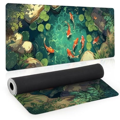 Large Gaming Mouse Pad, Desk Mat, XL Extended Big Mousepad with Non-Slip Rubber Base Stitched Edges, Computer Keyboard Mat for Office Home, 31.5x11.8in, Japanese Koi Fish Pond - color: Koi Fish