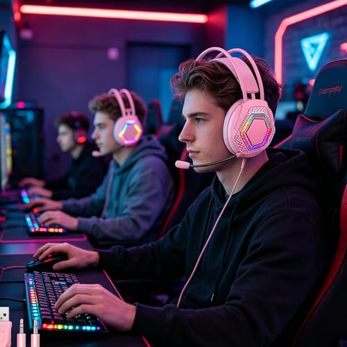 ASHATA Wired Gaming Headset, Computer Headset with Noise Cancelling Mic, 7.1 Surround Sound RGB Headphones 50mm Driver Unit Memory Foam Earpads, 3.5mm Wired (Pink) - color: Pink
