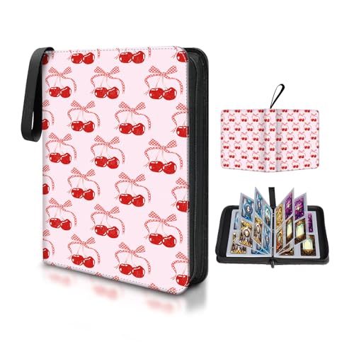 AXUASSILD 4 Pocket Card Binder, Premium Trading Card Holder Fits 400 Cards With 50 Removable Sleeves, Cute Portable Collection Card Ablum Holder Funny Cute Cherry Bow - color: Funny Cute Cherry Bow