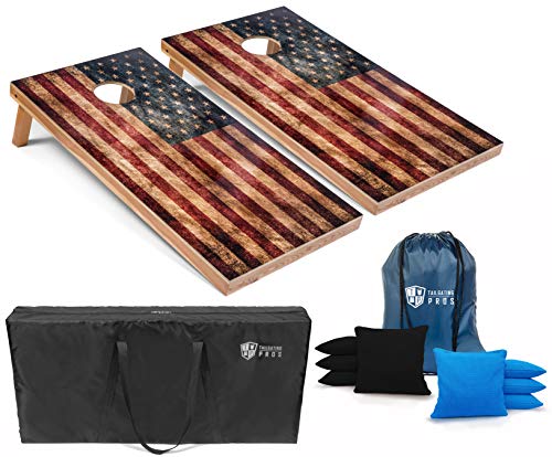 Tailgating Pros Rustic American Flag Cornhole Boards w/Bean Bags - 4'x2' Distressed Flag Cornhole Game w/Multicolored LED Ring, Carrying Case & Corn Hole Bags - color: Black / Turquoise