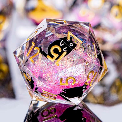 DND Cat Dice Set Pink Sharp Edge Dice with Box, RPG D and D Dice Dungeons Dragons Role Playing Game Polyhedral Resin Dice Set D20 D12 D10 D8 D6 D4 - color: Pink Gold