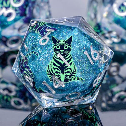 KERWELLSI Cat Liquid Core DND Dice Set with Gift Box, 7Pcs Resin Dungeons Sharp Edge D&D Dice, Dragons D and D Role Playing Dice D20 D12 D10 D8 D6 D4, Blue and Light Green Cat - color: Blue and Light Green Cat