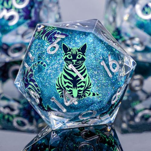 KERWELLSI Cat Liquid Core DND Dice Set with Gift Box, 7Pcs Resin Dungeons Sharp Edge D&D Dice, Dragons D and D Role Playing Dice D20 D12 D10 D8 D6 D4, Blue and Light Green Cat - color: Blue and Light Green Cat