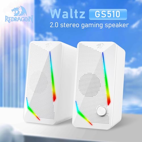 Redragon GS510 RGB Desktop Speakers, 2.0 Channel PC Computer Speaker with 4 Colorful LED Backlight Modes, Enhanced Bass and Easy-Access Volume Control, USB Powered w/ 3.5mm Cable, White - color: White