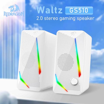 Redragon GS510 RGB Desktop Speakers, 2.0 Channel PC Computer Speaker with 4 Colorful LED Backlight Modes, Enhanced Bass and Easy-Access Volume Control, USB Powered w/ 3.5mm Cable, White - color: White