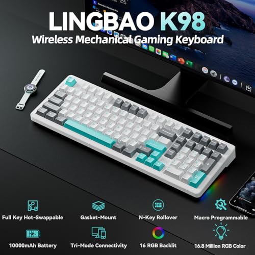 LINGBAO K98 - 96% Mechanical Keyboard Wireless,10000mAh Battery,Wireless Gaming Keyboard BT5.0/2.4G/USB-C, Gasket Hot Swappable,RGB Backlit, Creamy Sounding Keyboards with Number Pad for Win/Mac/PC - color: K98 | 10000mAh | White Blue Grey