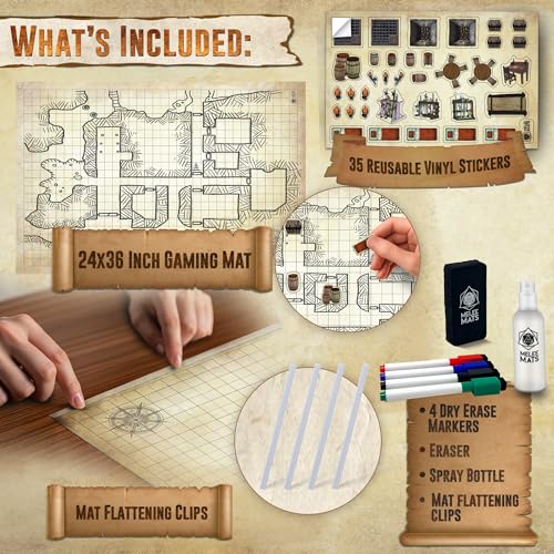 Melee Mats DND Map Starter Set - 24” x 36", Wet & Dry Erase Battle Terrain Grid for Dungeons and Dragons - Ultimate Tabletop Gaming Experience with Accessories - color: 24"x36"