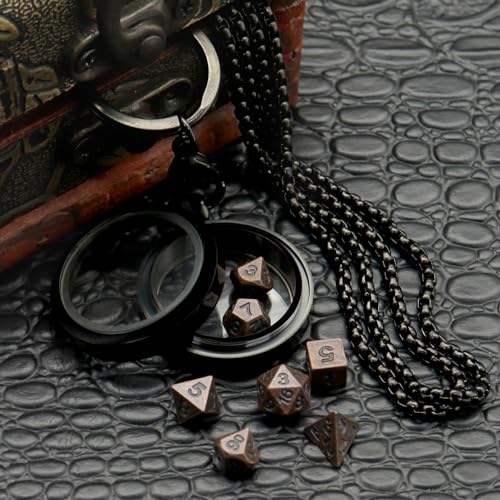 PJOY Mini Dice Set Tiny DND Dice with Necklace Case D&D Portable 7PCS Keychain Antique Copper Metal Dice Set for Role Playing Dice Games Compatible with Dungeons and Dragons Gifts - color: Black Copper
