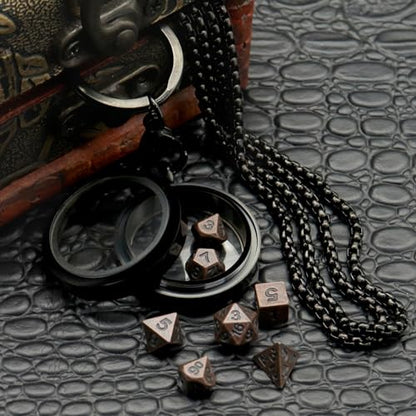 PJOY Mini Dice Set Tiny DND Dice with Necklace Case D&D Portable 7PCS Keychain Antique Copper Metal Dice Set for Role Playing Dice Games Compatible with Dungeons and Dragons Gifts - color: Black Copper