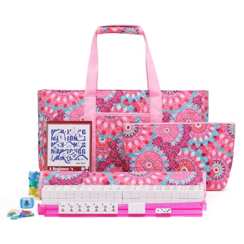 American Mahjong Tile Set with Pink Printed Carrying Bag, 166 Premium White Tiles, 4 All-in-One Color Racks/Pushers, Mah Jongg Sets, Complete Mahjong Game Set for Travel - color: Pink Print