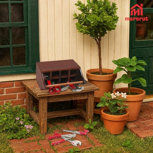 Miniature Tool Box Dollhouse 1/12 Scale Kit Set, 8Pcs Metal Working Tools with Mini Wood Toolbox, Doll Garage Accessories, Tiny Model for House Building, Garden Outdoor Repair, Rustic Farm Crafts