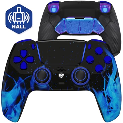 HEXGAMING RIVAL PRO Wireless Controller Compatible with ps5, Blue Flames | Hall Effect Joysticks, Mouse-Click Triggers & Bumpers, 4 Remappable Back Buttons, 8 Swappable Sticks, FPS Gaming - color: Blue Flames