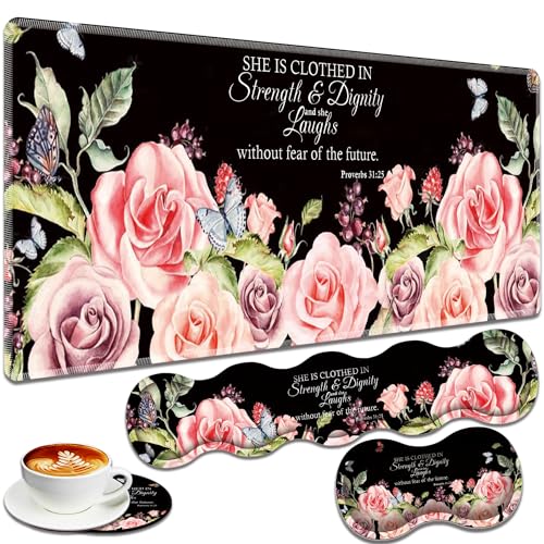 Large Gaming Mouse Pad + Keyboard Wrist Rest + Wrist Support + Coaster Set, Memory Foam Ergonomic for Easy Typing, XXL Extended Gaming Mouse Pad Table Pad - Proverbs 31:25 Flower - color: Proverbs 31:25 Flower