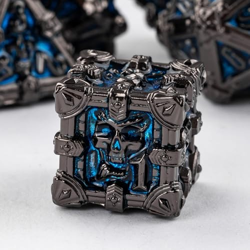 Metal Skull Dice Set with Skull Bag,7PCS Polyhedral Metal Dice Set for DND Role Playing Games(Black Nickel Blue) - color: Skull Black Nickel Blue